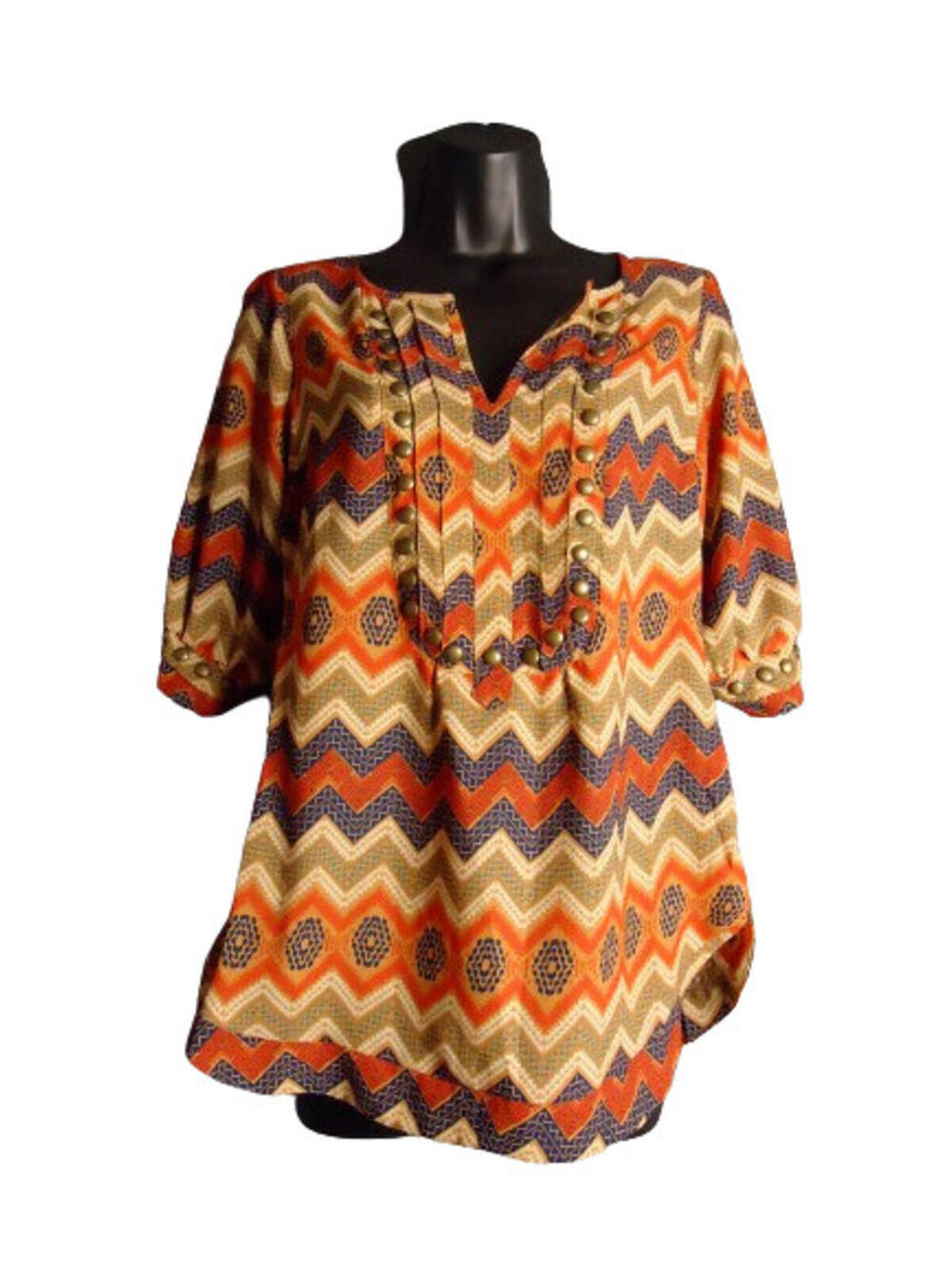 Angie Semi Sheer Blouse 3/4 sleeve Studded Accents Size Small Multicolored Aztec
